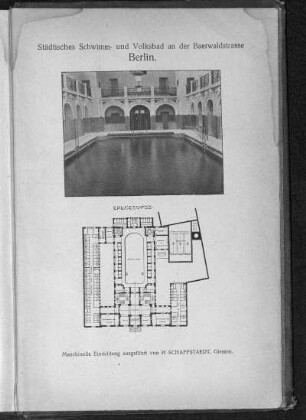 Städtisches Schwimm- und Volksbad an der Baerwaldstrasse Berlin. Abbildung und Grundriss