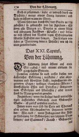 Das XXI. Capitel; Von der Lähmung. - Das XXX. Capitel; Vom Blut - Speyen und Blut - Brechen.