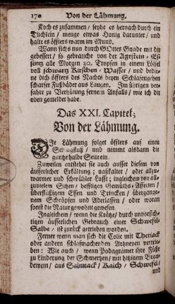 Das XXI. Capitel; Von der Lähmung. - Das XXX. Capitel; Vom Blut - Speyen und Blut - Brechen.