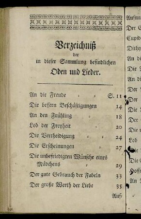 Verzeichniß der in dieser Sammlung befindlichen Oden und Lieder.
