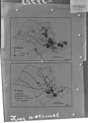 Entwicklungskarten São Paulo : Fotografie einer Karte der Ananasanbaugebiete und Industrieballungszentren in São Paulo 1935.