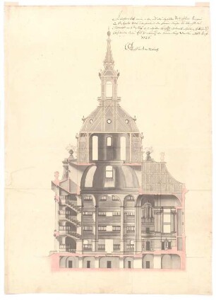 Dresden, Frauenkirche, Längsschnitt. Kopie des Approbationsrisses : Dresden, Frauenkirche. Längsschnitt. George Bähr. Kopie des Approbationsrisses von 1726, unbekannter Zeichner, 2. V. 18. Jh. Feder, Pinsel in Wasserfarbe/Zeichenpapier. 71,4 x 53,2 cm. Bez.: "In Conformitaet meiner, in der, auf des abgelebten Stadt Syndici Behrischens den 1.ten Aprilis 1726. unterschriebenes der Frauen=Kirchen Bau betreffendes Memorial am 6ten May a. c. ertheilten Schrifftl. Antwortt enthaltene Erklährung Confirmire diesen Riß zu erbauung der Frauen=Kirche. Dreßden am 26:ten Juny 1726. Graff von Wackerbarth". Original des Approbationsrisses nicht Dresden 2000, S. 183, Kat. Nr. 67, Magirius 2005, S. 361, Kat. Nr. 41, S. 364 Abb.