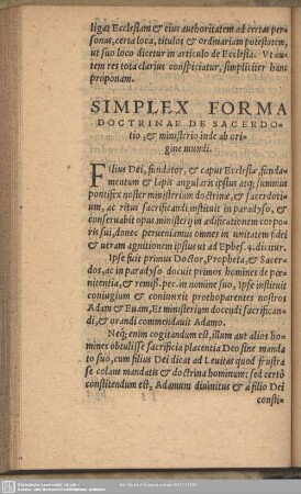 Simplex Forma Doctrinae De Sacerdotio, & ministerio inde ab origine mundi