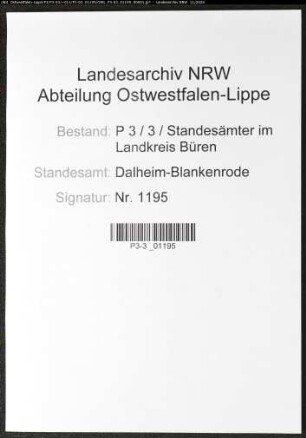 Sterberegister Standesamt Dalheim-Blankenrode