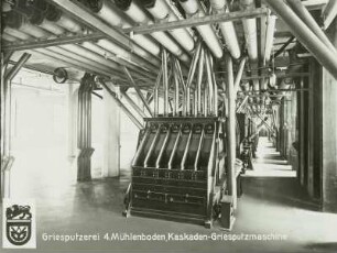 Bienertsche Hofmühle. Mühlengebäude, 4. Mühlenboden. Griesputzerei, Kaskaden-Griesputzmaschine : Dresden-Plauen, Altplauen 19/21. Bienertsche Hofmühle. Mühlengebäude, 4. Mühlenboden. Griesputzerei, Kaskaden-Griesputzmaschine