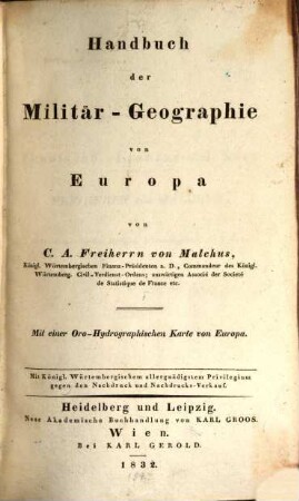 Handbuch der Militär-Geographie von Europa : mit einer oro-hydrographischen Karte von Europa, [Hauptband]