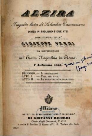 Alzira : tragedia lirica ; divisa in prologo e due atti ; da rappresentarsi nel Teatro Argentina in Roma l'autunno 1845
