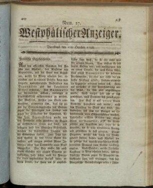 Num. 27. Dienstags den 2ten October 1798. - Num 31. Dienstags den 16ten October 1798.