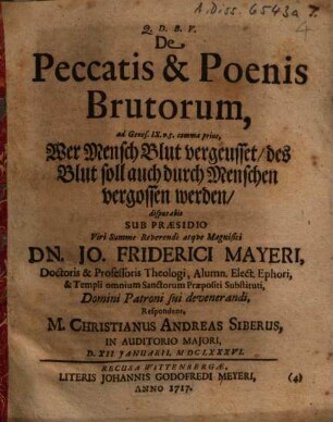 De Peccatis & Poenis Brutorum : ad Genes. IX. v. 5. comma prius