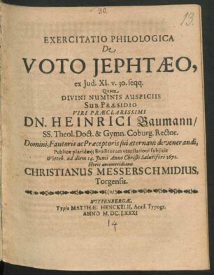Exercitatio Philologica De Voto Jephtaeo, ex Jud. XI. v. 30. seqq.