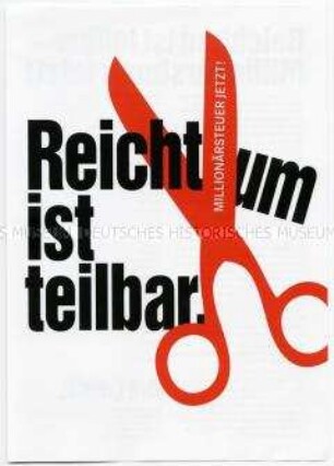 Propagandaflugblatt der Linken zur Wiedereinführung der Vermögenssteuer in Form der Millionärsteuer und mit dem Aufruf zum bundesweiten Aktionstag "Umfairteilen - Reichtum versteuern!" am 29. September 2012