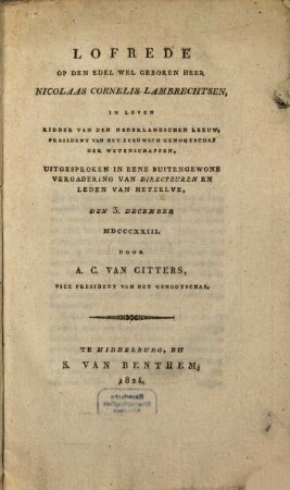 Lofrede op den edel wel geboren heer Nicolaas Cornelis Lambrechtsen