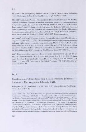 D 15. Constitutiones Clementinae cum Glossa ordinaria Johannis Andreae, Extravagantes Johannis XXII.