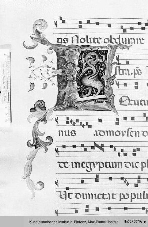 Buchseite mit Text, Neumen und historisierter Initiale L, darin ein Fabelwesen mit Vogelkopf - Corale