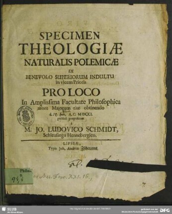 Specimen Theologiae Naturalis Polemicae