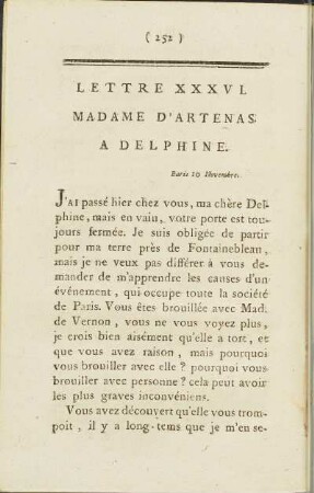 Lettre XXXVI. Mad. d' Artenas à Delphine, Paris 10 Novembre.