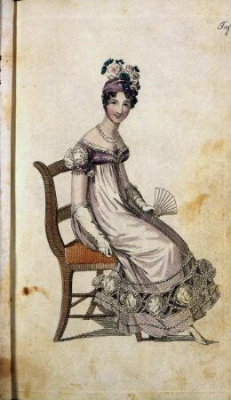 Biedermeier Mode aus: Journal für Literatur, Kunst, Luxus und Mode, Bd. 33, Jg. 1818 — Tafel 19: Englischer Gesellschaftsanzug für Damen