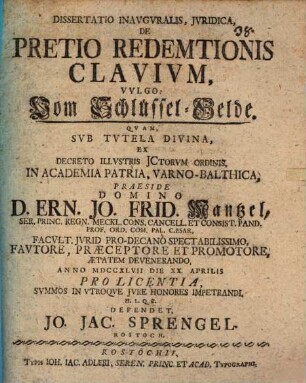 Dissertatio Inavgvralis, Jvridica, De Pretio Redemptionis Clavivm, Vvlgo: Vom Schlüssel-Gelde