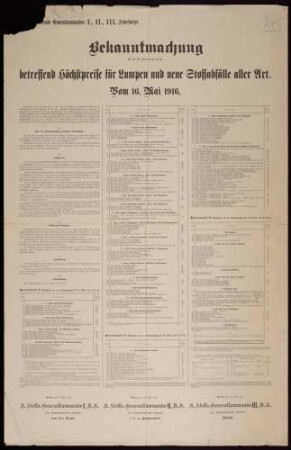 "Bekanntmachung betreffend Höchstpreise für Lumpen und neue Stoffabfälle aller Art" für die Bereiche des Stellvertretenden Generalkommando I., II., III. Armeekorps (Nr. W.IV.950/4.16.K.R.A.)