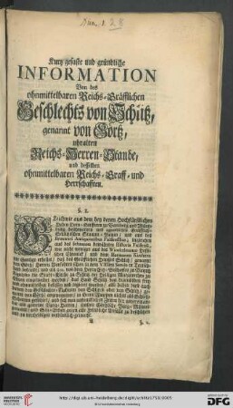 Kurtz gefaste und gründliche Information von des ohnmittelbaren Reichs-Gräfflichen Geschlechts von Schlitz, genannt von Görtz, uhralten Reichs-Herren-Stande, und desselben ohnmittelbaren Reichs-Graff- und Herrschafften