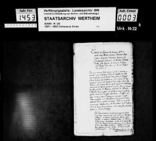 Ehevertrag zwischen Graf Johann Kasimir zu Löwenstein, Herrn zu Scharfeneck (Scharpfeneck), und Elisabeth Dudley, des Freiherrn Hans Dudley Tochter.