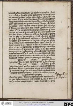 Expositio textus: in quo sunt significationes participiorum id est quot sunt significationes participiorum quia ab activo verbo descendunt duo participia etc.