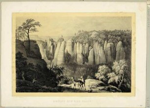 Die Bastei bei Rathen in der Sächsischen Schweiz von Norden von den Felsen der Kleinen oder Großen Gans aus gesehen