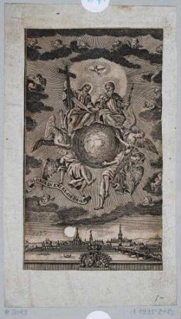 Darstellung der heiligen Dreifaltigkeit (Gottvater, Jesus und Heiliger Geist) mit Engel um Weltkugel über Stadtansicht von Dresden