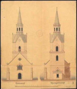 Erweiterung der Kirche in Erlach; Giebelansicht, Turmgiebelansicht; koloriert
