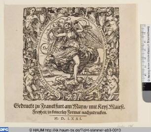Druckermarke des Sigmund Feyerabend: Fama mit fliegenden Haaren auf einem Stein stehend
