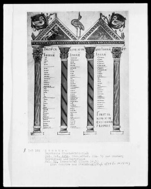 Evangeliar Heinrichs 2. — Kanontafel mit drei Vögeln, in den Innenfeldern der Giebel Schütze und Steinbock, Folio 19recto