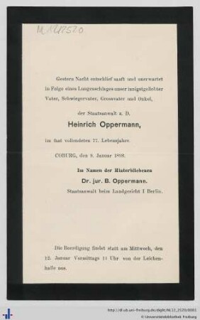 Nachlass L. Schemann (NL 12/2520) : Todesanzeige von Heinrich Oppermann (an Ludwig Schemann)
