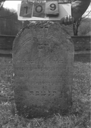 Grabstein 109 (Index: 100008920) Zustand: Rückseite leicht verwittert, Flechten Maße HxBxT: 70x40x12 cm Besonderheit: Kinderdoppelgrab für Geschwister: Grabstein 109