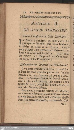 Article II. Du Globe Terrestre