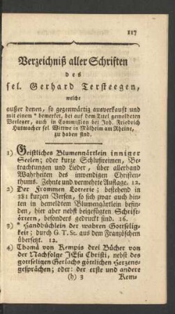 Verzeichniß aller Schriften des sel. Gerhard Tersteegen ...