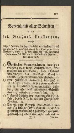 Verzeichniß aller Schriften des sel. Gerhard Tersteegen ...
