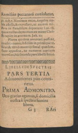 Libelli De Spectris Pars Tertia. Admonitiones pias continens.