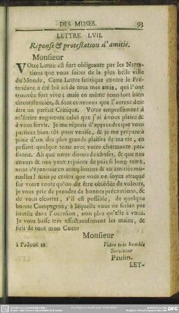 Lettre LVII. Response & protestation d'amitie