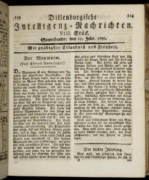 VIII. Stück. Sonnabends: den 25. Febr. 1792.