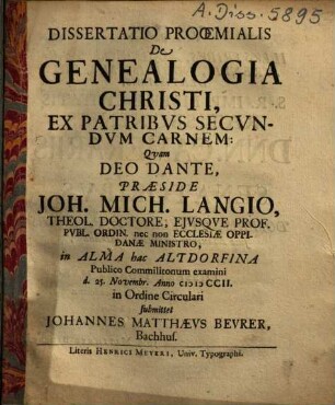 Dissertatio prooemialis de genealogia Christi ex patribus secundum carnem