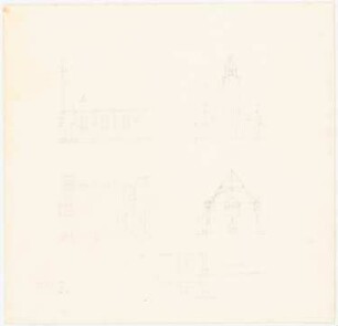 Kirche mit 220 Plätzen: Grundriss Erdgeschoss, Aufriss Eingangsseite, Fensterseite, Querschnitt, mehrere Berchnungen: Fläche, Raum, Sitzplätze