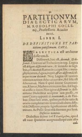 Partitionum Dialecticarum M. Rodolphi Goclenii ... Liber I.