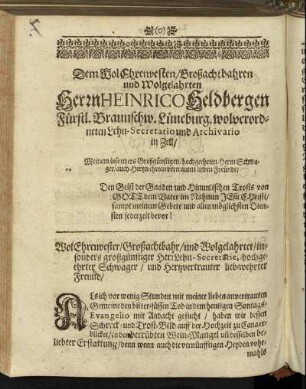 Dem Wol Ehrenvesten/ Großachtbaren und Wolgelahrten Herrn Heinrico Heldbergen [...]