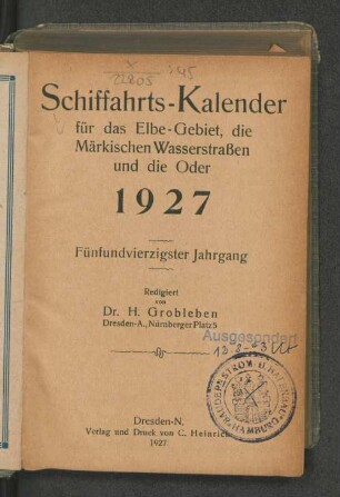 45.1927: Schiffahrts-Kalender für das Elbe-Gebiet und die Märkischen Wasserstrassen