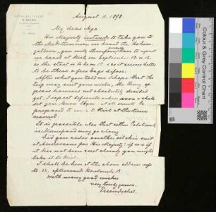 Brief vom 11.08.1898 auf Briefpapierr vom Hotel Belveder, R. Bavier, St. Moritz an Edwin Nye von [Admiral Eisendecker]