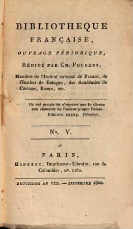 Bibliothèque française : ouvrage périodique. 1. 1800, 5 = Sept.