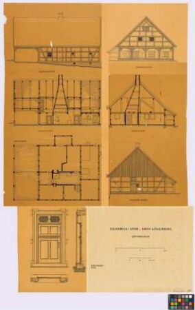 Zäckerick (Kreis Königsberg/Neumark): Löwinghaus. - Haupthaus (Seiten-Ansicht, Straßen-Giebel-Ansicht, Längsschnitt, Querschnitt, Rück-Giebel-Ansicht, Grundriss des Erdgeschosses). - Eingangstür (Ansicht, Horizontalschnitt, Vertikalschnitt)