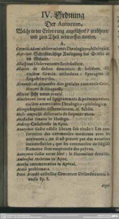 IV. Ordnung Der Autorum, Welche in der Erörterung angeführet, gerühmet, und zum Theil verworffen worden