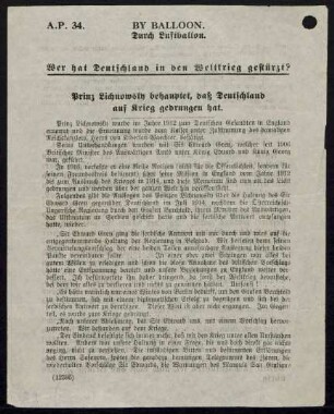 Wer hat Deutschland in den Weltkrieg gestürzt? : Prinz Lichnowsky behauptet, daß Deutschland auf Krieg gedrungen hat ...