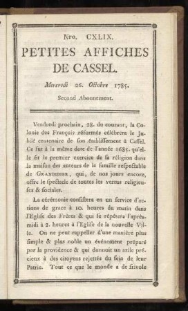 No CXLIX Mercredi 26. Octobre 1785)